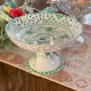 Green and White Porcelain Compote Pedestal Bowl